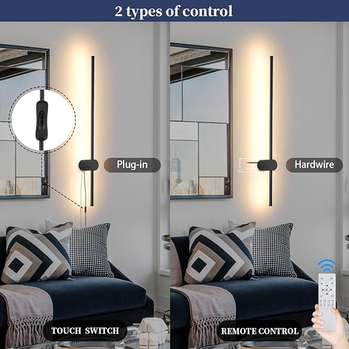 Dimmable Plug in Wall Sconce Set of 2,Black 31.5" LED Wall Light with Remote,Adjustable Color Temperature Brightness,Wall lamp with Timer for Living Room,Bedroom and Accent Lighting - Bloomnest