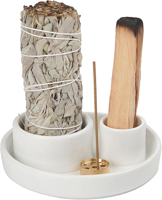 4 in 1 Incense Holder, Palo Santo Stick Holder,Sage Holder for Burning- 4.25" Sage Incense Holder for Meditation Room Home Decor (White Speckles) - Bloomnest