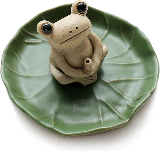 NAGU 100% Handmade Ceramic Stick Incense Burner Holder,Small Frog Incense,Lotus Leaf Tray,Mini Cute Animal Statue Home Incense Burner - Bloomnest