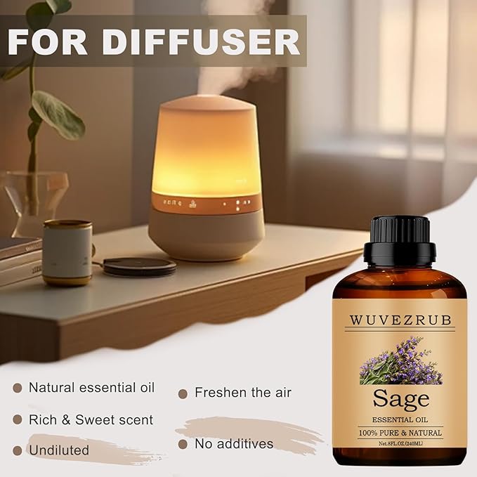 Sage Essential Oils, 240ML Pure and Natural Essential Oil for Aromatherapy Diffuser - Sage /8 Fl Oz - Bloomnest