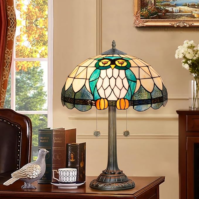 Tiffany Table Lamp Owl Animal Design Stained Glass Lamp 16 inch Handmade Large Desk Light Antique Beside Reading Lamp for Home Living Room Bedroom Office - Bloomnest