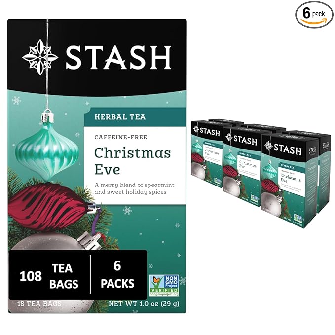 Stash Tea Christmas Eve Herbal Tea - Naturally Caffeine Free, Non-GMO Project Verified Premium Tea with No Artificial Ingredients, 18 Count (Pack of 6) - 108 Bags Total - Bloomnest