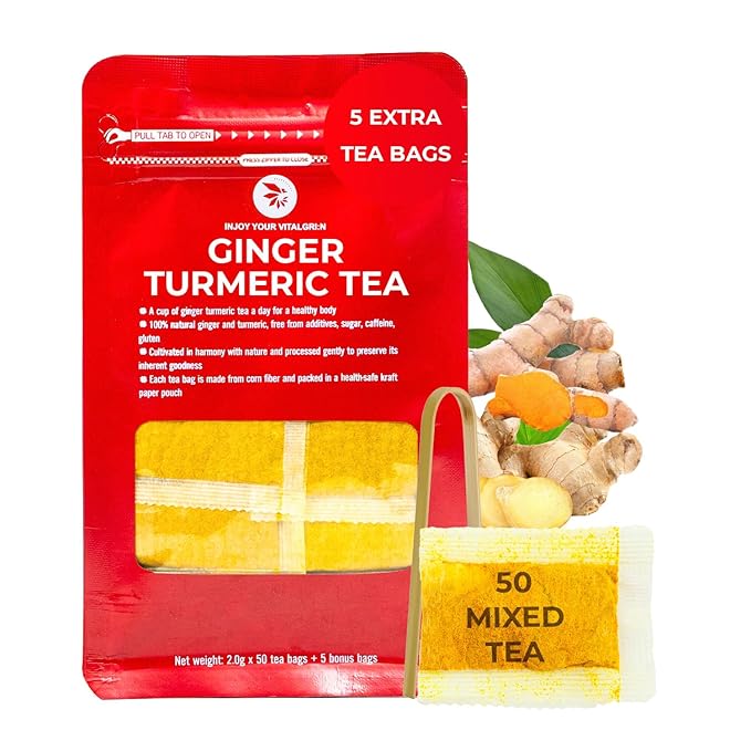 Turmeric Ginger Tea Bags - 55 Count (+5 Tea Bags) Bamboo Tong Included - 5.11 oz, Re-Steep Herbal Blend, No Sugar, No Additives, Body Warm, Health &Support - Bloomnest