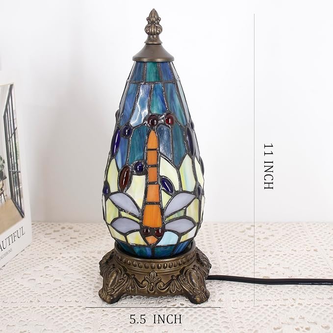 Small Tiffany Lamp Stained Glass Table Lamp 5.5X11 Inch Christmas Tree Lighthouse Mini Accent Memory Sympathy Antique Night Light for Bedroom Living Room (Blue Yellow)