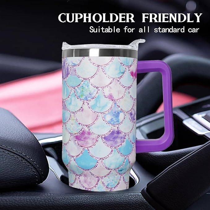 Ceovfoi 40 Oz Double Wall Vacuum Stainless Steel Tumbler with Handle Lid and Straw, Ocean Mermaid Watercolor Cup, Travel Coffee Mug, Hawaiian Decor, Accessories - Bloomnest