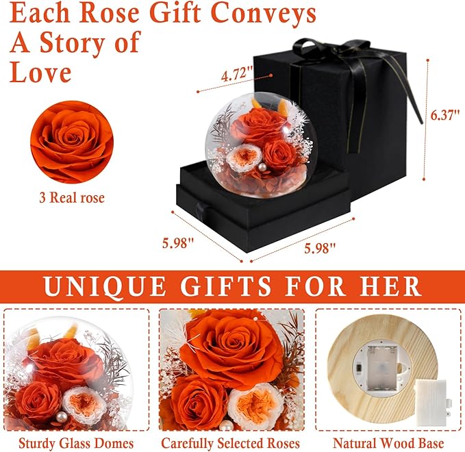 FIACO Preserved Rose Birthday Gift for Women Forever Fresh Flowers for Prime Delivery Gift for Mom Grandma Wife Valentines Mothers Day Christmas Anniversary Eternal Roses in Glass Dome - Bloomnest