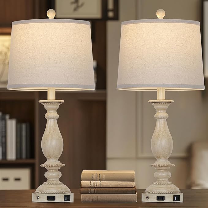 28" Tall Farmhouse Table Lamps for Living Room Set of 2,Vintage Rustic Beige Bedside Touch Lamp with USB C+A Ports & AC Outlet, 3-Way Dimmable Resin Nightstand Lamp for Bedroom Entryway Office - Bloomnest