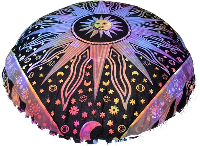 CRAFT KALA Large Round Bohemian Floor Pillow Pouf Cover Mandala Meditation Room Pillow Cover for Adults Boho Seating Poufs Cushion Cover for Kids Playroom 32" Round Multi Purple Burning Sun - Bloomnest