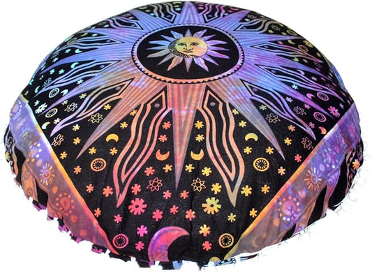 CRAFT KALA Large Round Bohemian Floor Pillow Pouf Cover Mandala Meditation Room Pillow Cover for Adults Boho Seating Poufs Cushion Cover for Kids Playroom 32" Round Multi Purple Burning Sun - Bloomnest