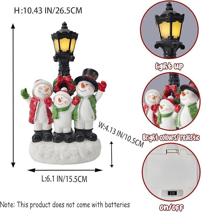 Snowman Family with Lighted Lamp Post - Set of 3 Snowman Figurines and LED Lighted Streetlamp - Christmas Village Decor for Mantel, Holiday Display - Bloomnest