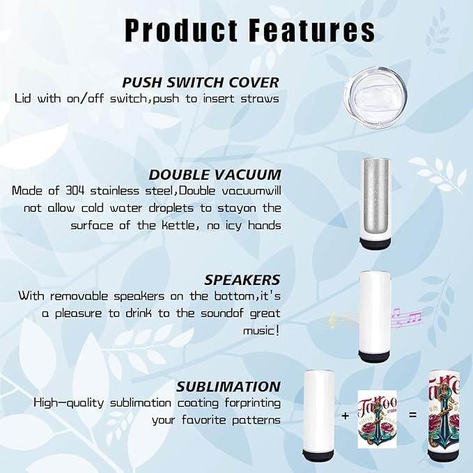 6 Pack 20 OZ Sublimation Blank Tumblers Bulk Stainless Steels Double Vacuum Bluetooth Speaker Music Insulated Tumbler with Lid and Straw Heat Transfer Cup Black - Bloomnest