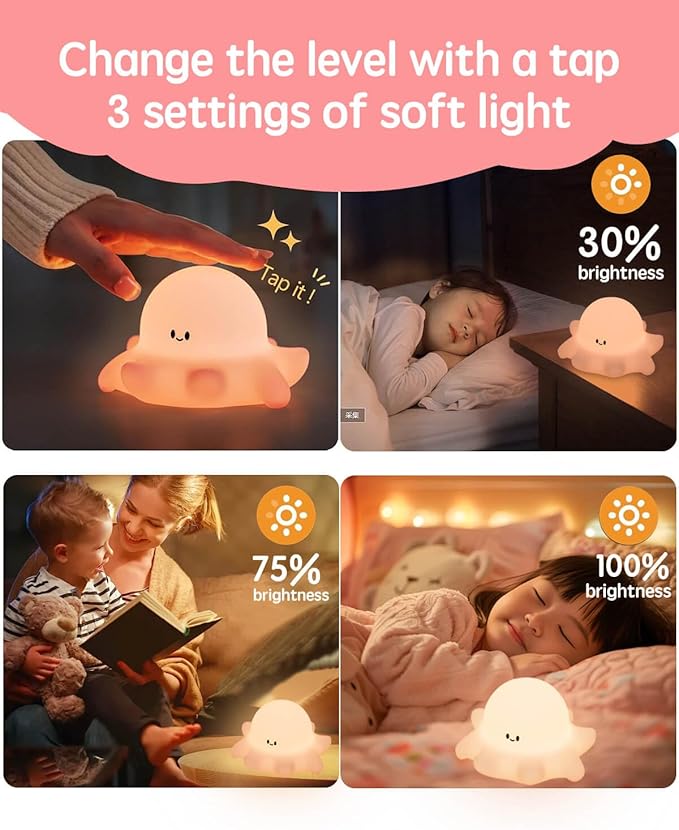 Cute Octopus Rechargeable Silicone Night Light for Kids, Dimmable Touch Control Nightlight with Timer, Portable USB Baby Night Lamp for Nursery, Bedroom - Bloomnest