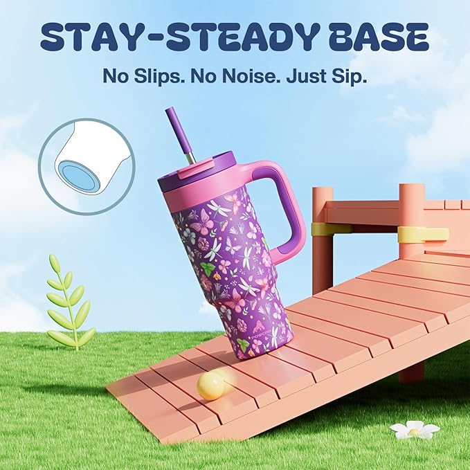 24 oz Insulated Tumbler for Kids: Spill-Proof, 2-in-1 Straw Lid, Cold for 26 Hrs, Stainless Steel Cup with Handle for School, Camping, Gift, Daily, Outdoor, Trip, Travel, Vacation (Butterfly Field) - Bloomnest