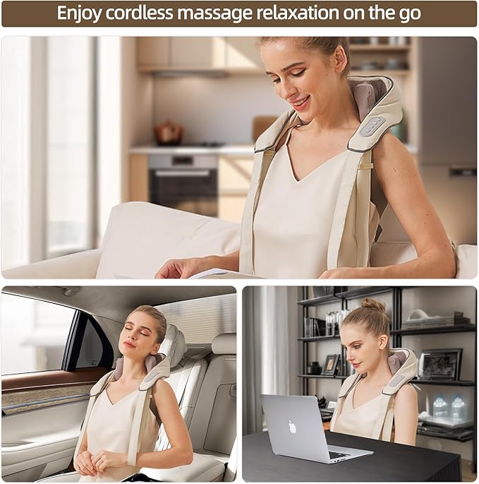 Neck Massager with Heat, Cordless Neck and Shoulder Massage, Rechargeable Shiatsu 6D Kneading Massager for Pain Relief Deep Tissue, Gift for Mom&Dad (Light Beige)