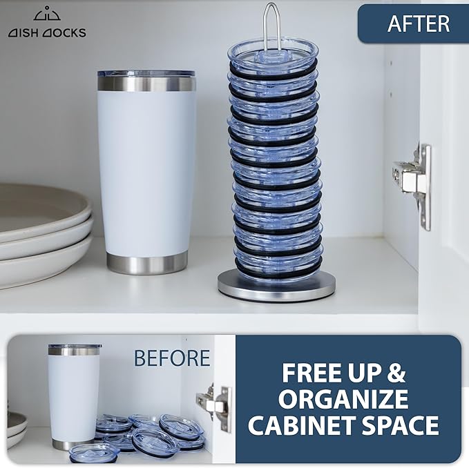 Tumbler Lid Organizer for Cabinet & Countertop - Slim Space-Saving Lid Holder with 9" Sturdy Bar & Weighted, Non-Slip Base - Vertical Storage Cup Lid Organizer - Collapsible Lid Rack for 10 Lids - Bloomnest