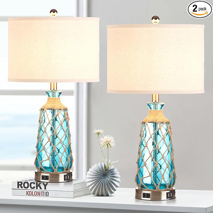 25.5" Coastal Glass Table Lamps Set of 2, 3-Way Dimmable Touch Control Bedside Lamps with 2 USB Ports and AC Outlet, Blue Nautical Nightstand Lamps for Bedroom Living Room (LED Bulbs Included) - Bloomnest