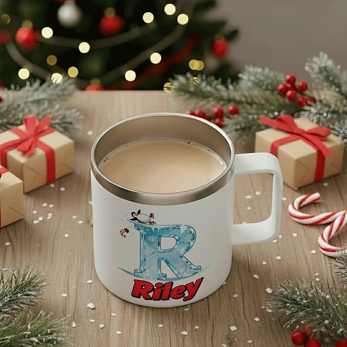 JugJug Personalized Christmas Mug with Ice Initial & Name - Funny Skating Penguin 12oz Insulated Coffee Cup w/Lid - Cool Xmas Gifts for Kids, Girls (B176) - Bloomnest