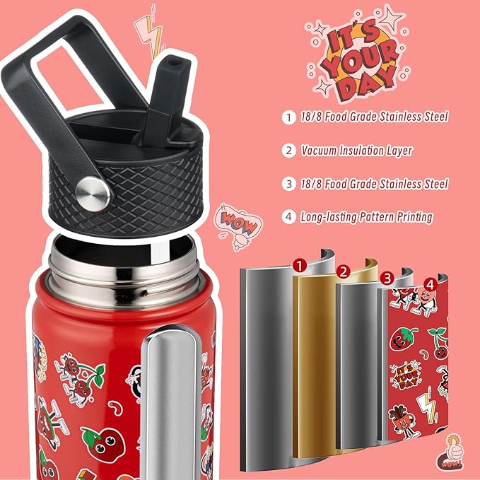 BJPKPK Insulated Water Bottle with Straw Lid, 18 oz Stainless Steel Metal Water Bottles, Reusable Leak Proof BPA Free Water Bottles, Cups, Thermo, Passionate-Red - Bloomnest
