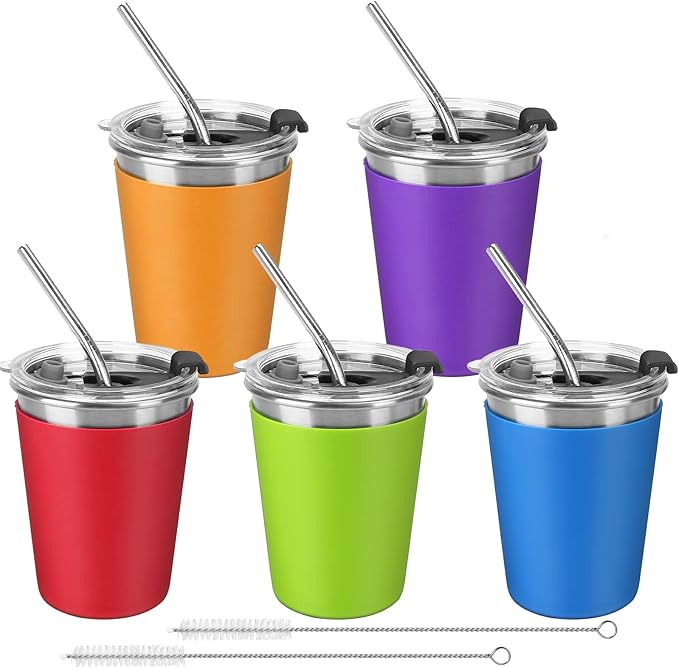 ShineMe Stainless Steel Kids Cups, 5pack with Spill Proof Lids, Straws & Silicone Sleeves, 12oz, BPA Free, Insulated, for Cold & Hot Drinks - Bloomnest