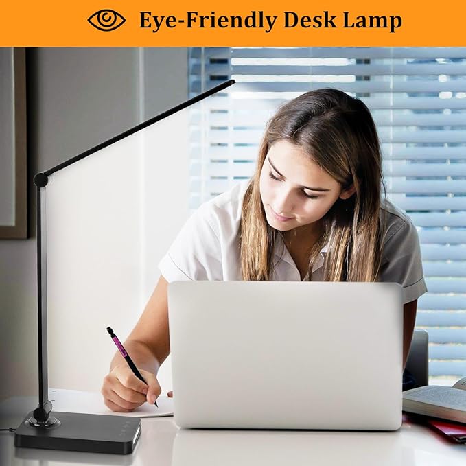 LED Desk Lamp with USB Ports,Touch Desk Lamps for Home Office with 5 Color Modes,3 Brightness Desk Light with Small Night Light,Reading Lamp Table Lamp for Bedroom Bedside Study Black （with adapter） - Bloomnest