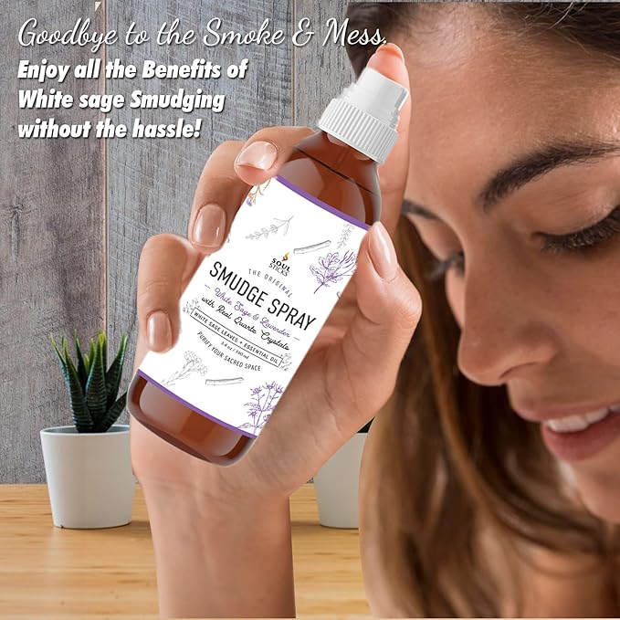 SOUL STICKS White Sage & Lavender Smudge Spray – 3.5oz Smokeless Mist with Quartz Crystals – Calming Essential Oil Spray for Sleep, Stress Relief, Meditation, and Energy Cleansing SoulSticks