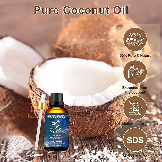 BURIBURI Coconut Essential Oil 100ml Premium Grade Scented Oil Coconut Fragrance Oil Carrier Oil for Diffusers, Massage, Candle Making Soap Making BURIBURI