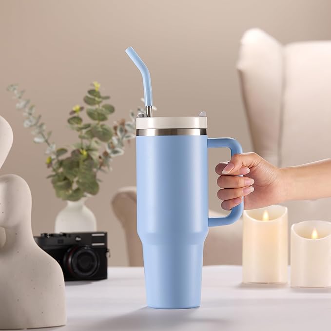 KooK Stainless Steel Tumbler, with Straw and Handle, Leakproof, Vacuum Insulated Travel Coffee Mug, Reusable Double Walled Water Bottle, Keeps Hot or Cold, 40 oz, Sky Blue - Bloomnest