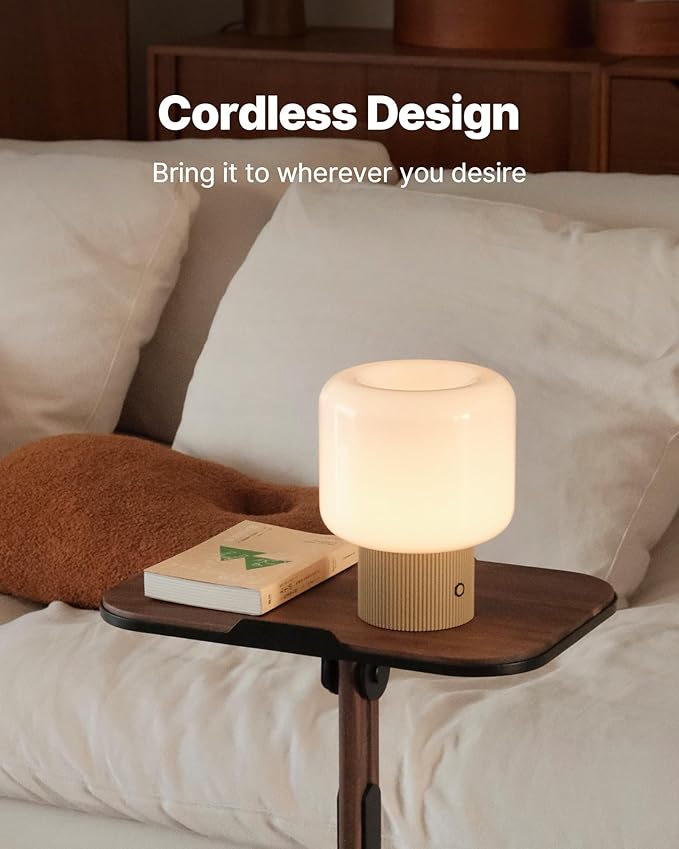 Halo Mushroom Lamp, 5W Cute Cordless Rechargeable Table Lamp with Glass Shade, 3 Color Temps LED Dimmable Ambient Lighting, Small Retro Touch Bedside Light for Bedroom Decor, Mustard Yellow - Bloomnest