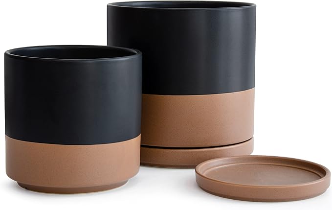 D'vine Dev 8 Inch & 10 Inch Ceramic Planter Pot for Plants with Drainage Hole and Saucer, Large Plant Pots Set, Black/Speckled Tan, 94-G-L-7 - Bloomnest