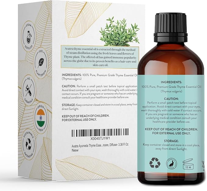 Avatra Thyme Essential Oil 100ML (3.38 OZ) with Glass Dropper and Travel Bottle, Pure and Natural Therapeutic Grade Thyme Oil for Diffuser, Aromatherapy, Massage, and DIY Candle Products - Bloomnest