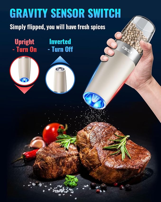 XinXu Gravity Electric Pepper and Salt Grinder Set, Adjustable Coarseness, with LED Light, One Hand Automatic Operation (Set/Khaki X) - Bloomnest