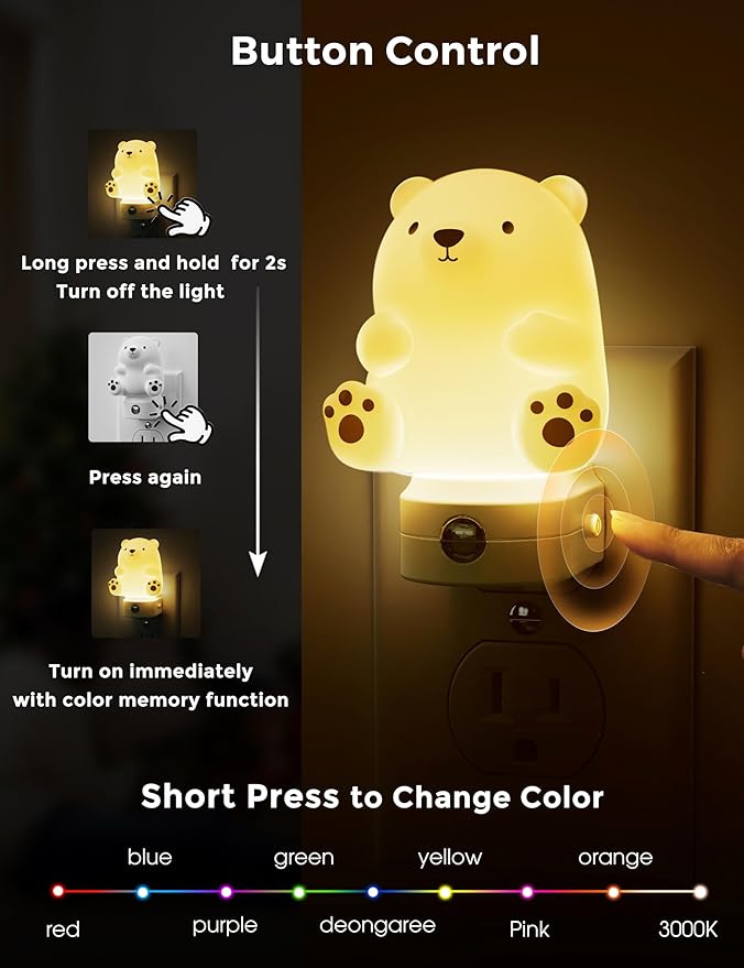 L LOHAS LED Night Light for Kids, 3D Cute Bear Night Light Plug in, Dusk to Dawn Nursery Night Lights, RGB+Soft White 3000K, 3 Lighting Modes, Christmas Birthday Gifts, Room Decor, Children - Bloomnest