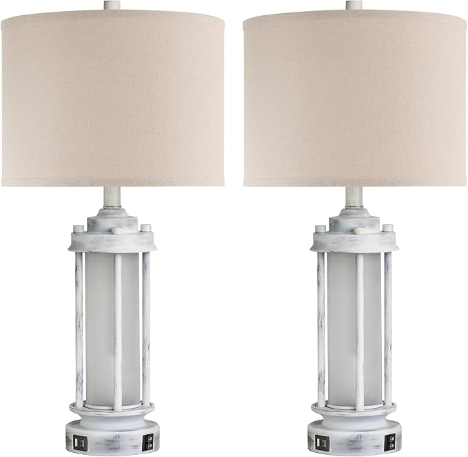 25" Rustic Table Lamps Set of 2, Vintage Nightstand Lamps with 2 USB Ports, Farmhouse Antique White Desk Lamp with Glass Night Light for Living Room Bedroom Dorms, 4 Bulbs Included - Bloomnest