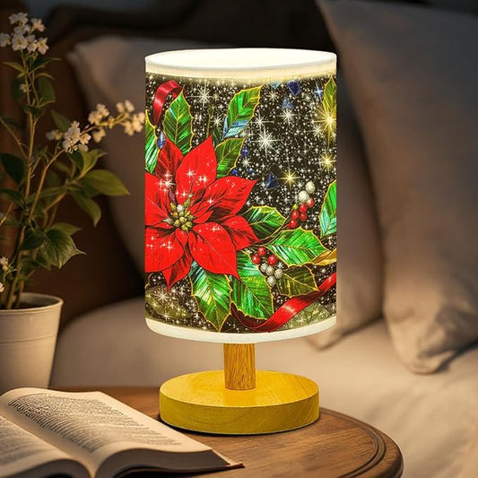 Holly Table Lamp LED 3-Color Pressed Bedside for Merry Christmas, Holly Shade Christmas Table Lamp with Wood Base for Bedroom Living Room Desk Office - Bloomnest