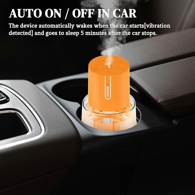Ikeda Car Diffusers for Essential Oils,100ml Glass Car Essential Oil Diffuser,Smart Car Humidifier Diffuser, 3 Timers & 300 mAH Battery Operated Car Aroma Diffuser for Travel, Auto Shut-Off,Orange - Bloomnest