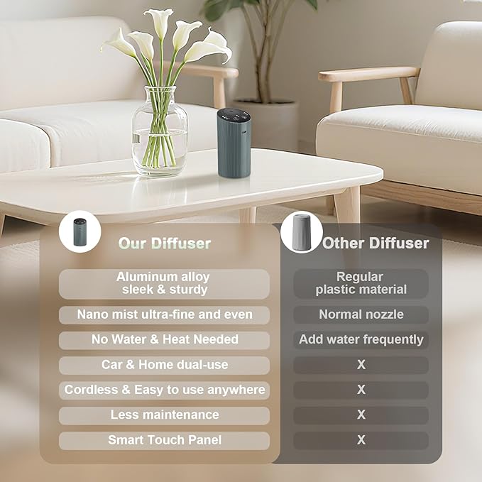 Waterless Essential Oil Diffuser for Home Car Office, Scent Diffuser with 4 Timer (1/3/6H & Off) & 3 Mist(L/M/H), Rechargeable Aromatherapy Diffuser, Portable Mini Air Aroma Diffuser, Silver Grey - Bloomnest