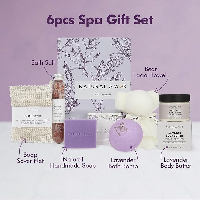 Natural Amor Lavender Spa Gift Set 6 PCs– Handmade Self-Care Box with Body Butter, Bath Bomb, Soap, Bath Salt, and More – Relaxing Lavender Gift for Women - Bloomnest