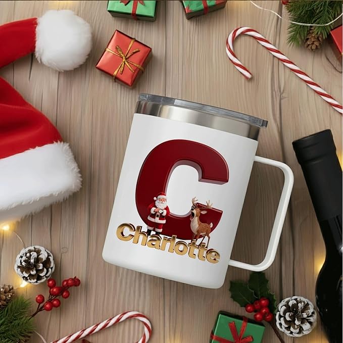 Personalized Christmas Insulated Coffee Mug with Handle – Letter [C] Double Wall Stainless Steel Travel Tumbler for Hot & Cold Drinks – Unique Holiday Gift for Men, Women, & Kids (B128) - Bloomnest