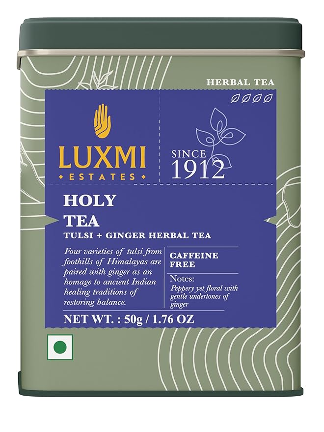 Luxmi Estates - Holy Basil - Organic Tulsi Tea - Loose Leaf - 50g (25 Cups) | With Tulsi and Ginger | Provides Immune Support, Stress Relief and Uplifts Mood - Bloomnest