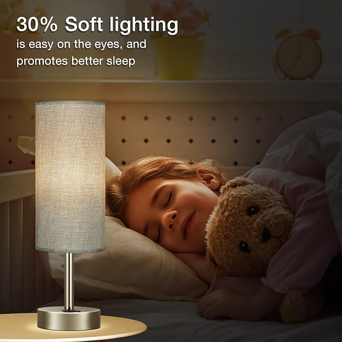 Grey Touch Nightstand Lamps for Girl - Small Bedside Lamp with USB-C and USB Charging Ports, 3 Way Dimmable Control Table Lamp for Living Room Office, Dorm, Reading with Fabric Shade Silver Base - Bloomnest