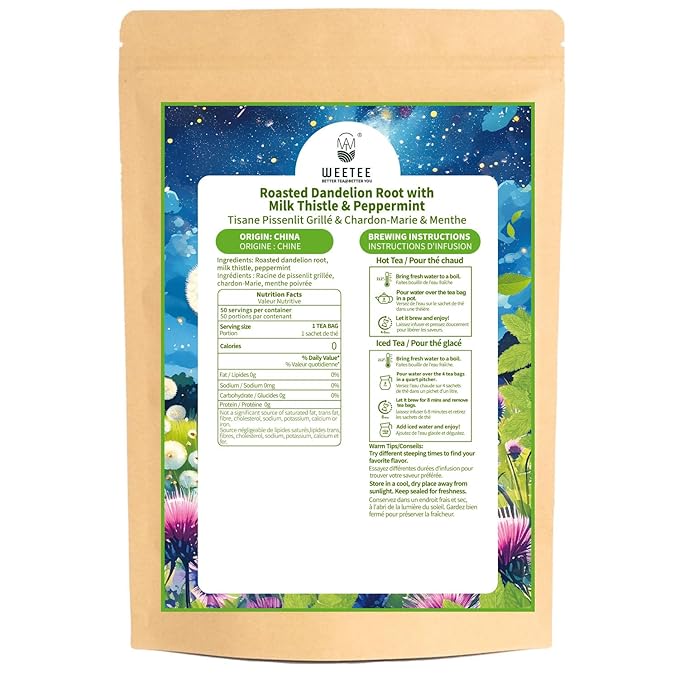 WT WEETEE Roasted Dandelion Root Tea with Milk Thistle and Peppermint, 50 Natural Caffeine-free Herbal Tea Bags for Liver Cleanse - Bloomnest