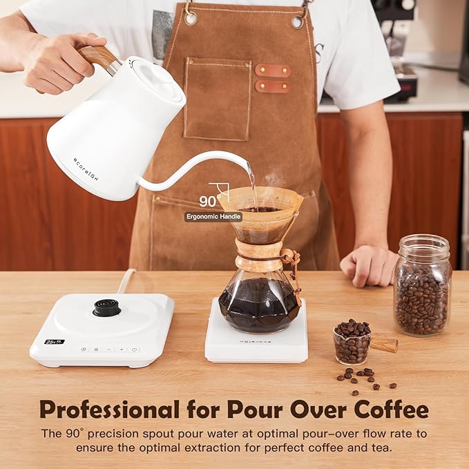 ECORELAX Gooseneck Electric Kettle, ±1℉ Temperature Control Pour Over Kettle for Coffee, Tea & Water, Stainless Steel 1200 W Keep Warm OLED Display 1 L (White) - Bloomnest
