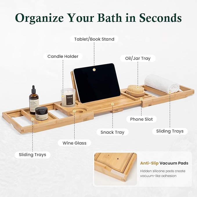 Bamboo Bathtub Tray, Bath Caddy with Wine Glass Holder, Phone Dock & Book Stand | Hands-Free Reading & Ultimate Spa Relaxation Experience-Natural - Bloomnest