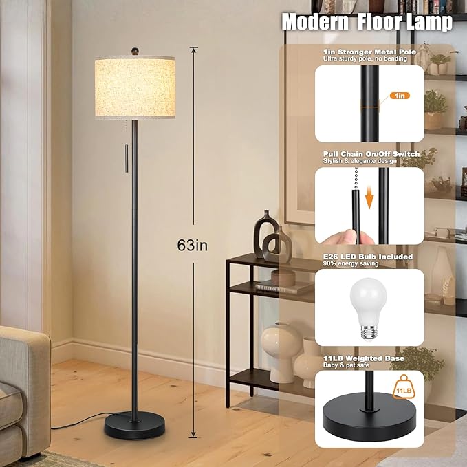 Floor Lamp for Living Room, 63in Black Standing Lamp, 3-Way Dimmable Floor Lamp for Bedroom, Tall Lamp with White Linen Shade for Office - Bloomnest