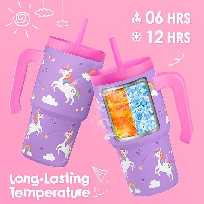 Unicorn Tumbler 20oz with Handle and Silicone Straw Lid for Kid, Insulated Stainless Steel Cup, Gift for Kids Girls, Gifts Idea for Birthday Christmas Back to School - Bloomnest