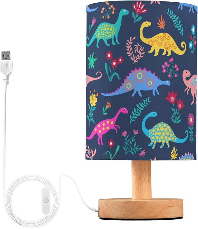 Table Lamp Dinosaur Floral Pattern Nightstand Lamp with Wood Base Fabric Lamp Shade Bedside Desk Lamp for Living Room Bedroom Kids Room Office - Bloomnest