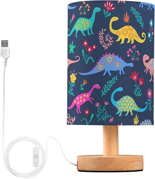 Table Lamp Dinosaur Floral Pattern Nightstand Lamp with Wood Base Fabric Lamp Shade Bedside Desk Lamp for Living Room Bedroom Kids Room Office - Bloomnest