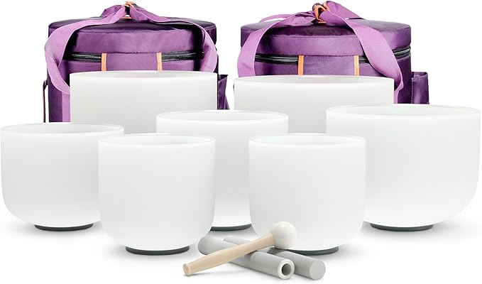 TOPFUND 6-12 inch 440Hz Chakra Set of 7 Crystal Singing Bowls with Heavy Duty Carrying Case and Singing Bowl Mallets - Bloomnest