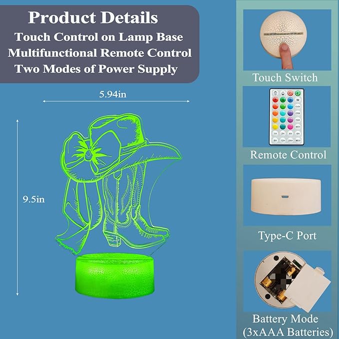 Cowgirl Gifts, Cowgirl Night Light, 3D Illusion Lamp with 16 Colors Changing, Timer, 4 Flash Modes and Dimmer with Remote Control, Western Room Decor for Holiday Birthday Christmas - Bloomnest