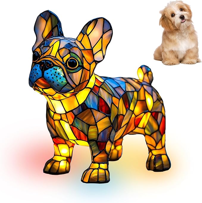 Atlodas French Bulldog Lamp, Retro Stained Resin Tabletop Night Light, Dog Series Art Night Light, Dog Lamp Stained Glass, 3D Cute Pet LED Table Lamps, Gift for Lovers (#02, 7.87) - Bloomnest